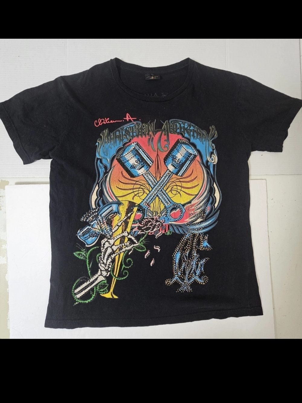 Vintage Y2K Christian Audigier Skull Piston Motor Head Rhinestone T-Shirt Mens M